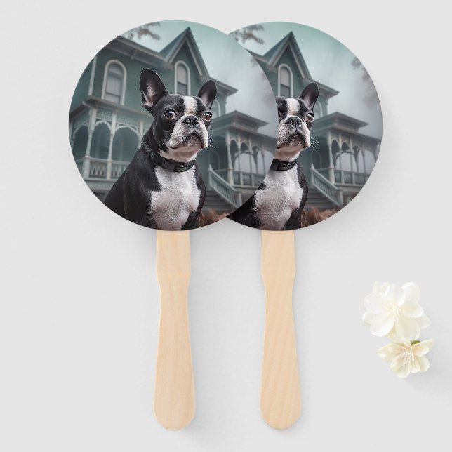 Boston Terrier Halloween Scary Hand Fan (Front and Back)