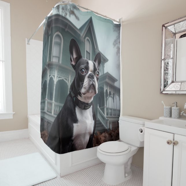 Boston Terrier Halloween Scary Shower Curtain (In Situ)