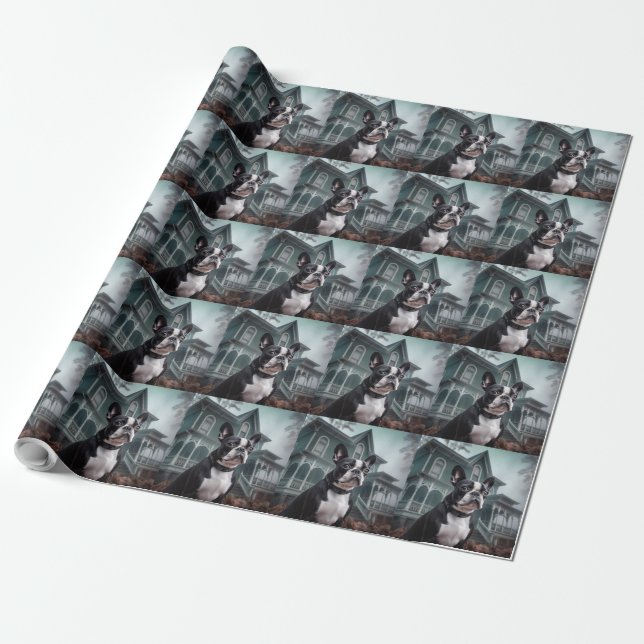 Boston Terrier Halloween Scary Wrapping Paper (Unrolled)