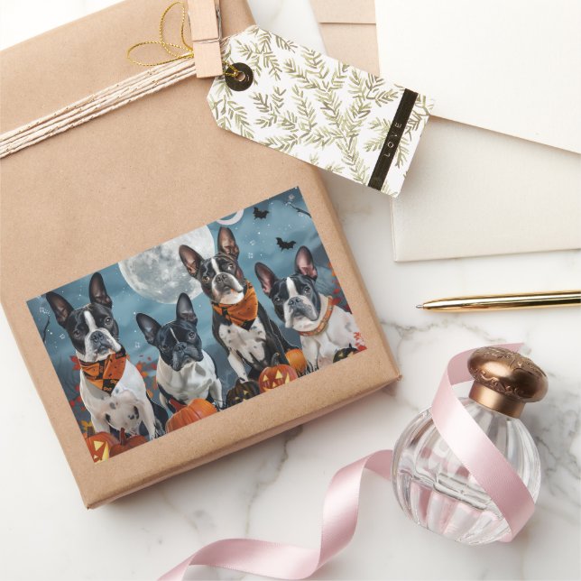 boston terrier Halloween Spooky Rectangular Sticker (Gifting)