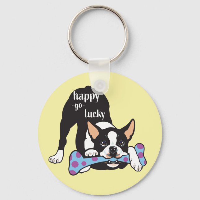 Boston Terrier. Happy go lucky Key Ring (Front)