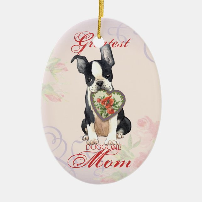 Boston Terrier Heart Mum Ceramic Tree Decoration (Front)