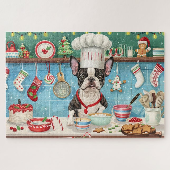 Boston Terrier Holiday Baking: Festive Christmas Jigsaw Puzzle (Horizontal)
