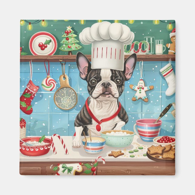 Boston Terrier Holiday Baking: Festive Christmas Magnet (Front)
