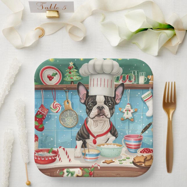 Boston Terrier Holiday Baking: Festive Christmas Paper Plate (Wedding)