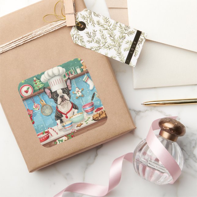Boston Terrier Holiday Baking: Festive Christmas Square Sticker (Gifting)