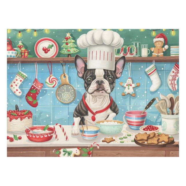 Boston Terrier Holiday Baking: Festive Christmas Tablecloth (Front (Horizontal))