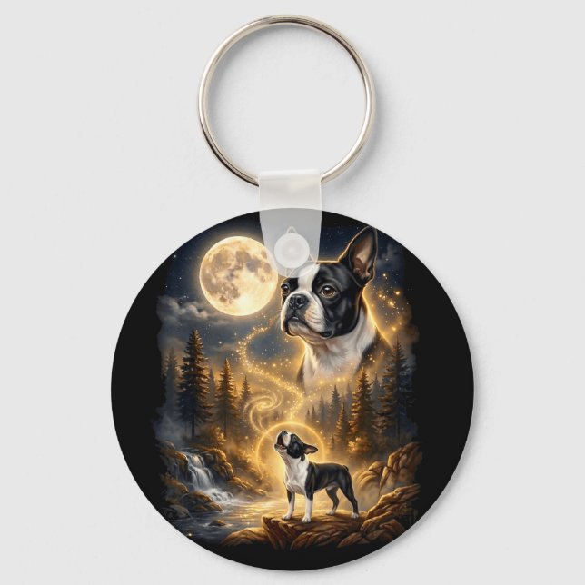 Boston terrier howling at the moon retro  key ring (Front)