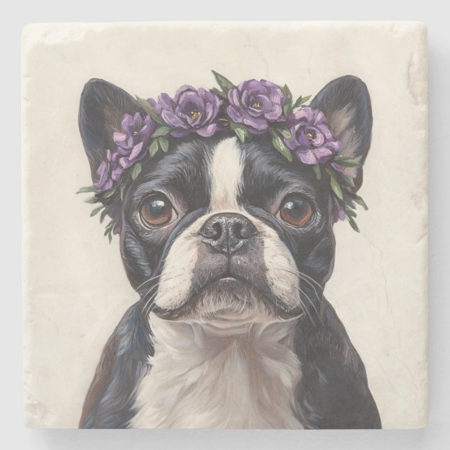 Boston Terrier in a Purple Flower Crown Stone Coaster (Front)