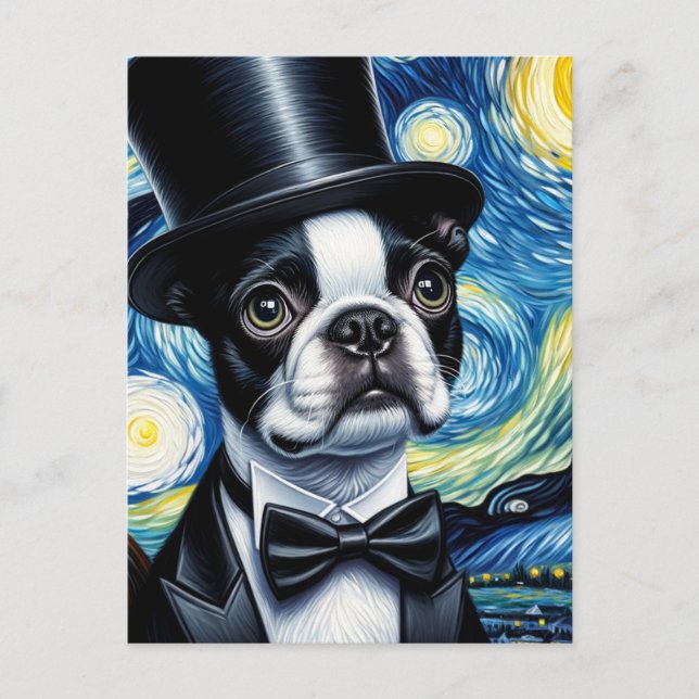 Boston Terrier in a Tophat Van Gogh Postcard (Front)