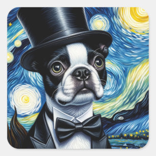 Boston Terrier in a Tophat Van Gogh Square Sticker