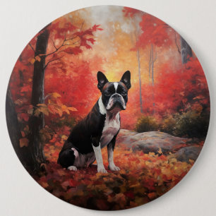 Boston Terrier in Autumn Leaves Fall Inspire  6 Cm Round Badge