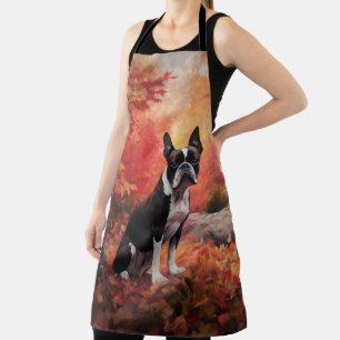 Boston Terrier in Autumn Leaves Fall Inspire Apron
