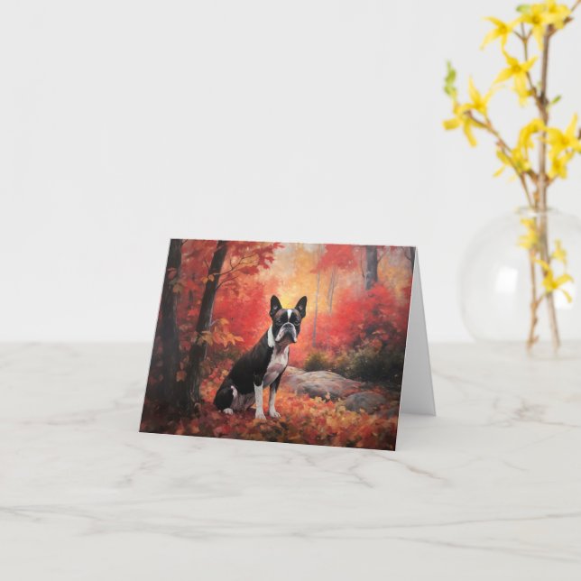 Boston Terrier in Autumn Leaves Fall Inspire  Card (Yellow Flower)