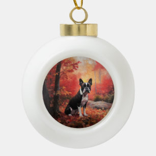 Boston Terrier in Autumn Leaves Fall Inspire  Ceramic Ball Christmas Ornament