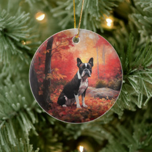 Boston Terrier in Autumn Leaves Fall Inspire  Ceramic Tree Decoration