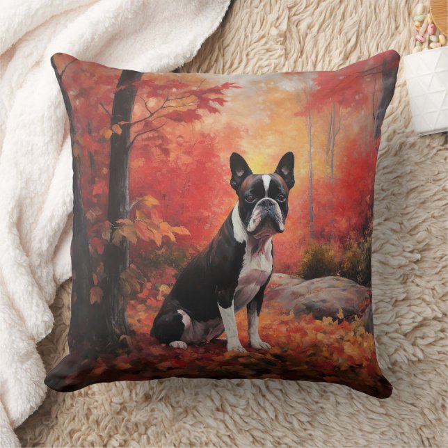 Boston Terrier in Autumn Leaves Fall Inspire  Cushion (Blanket)