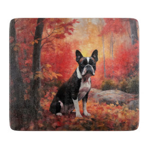 Boston Terrier in Autumn Leaves Fall Inspire  Cutting Board