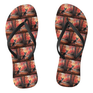 Boston Terrier in Autumn Leaves Fall Inspire  Flip Flops