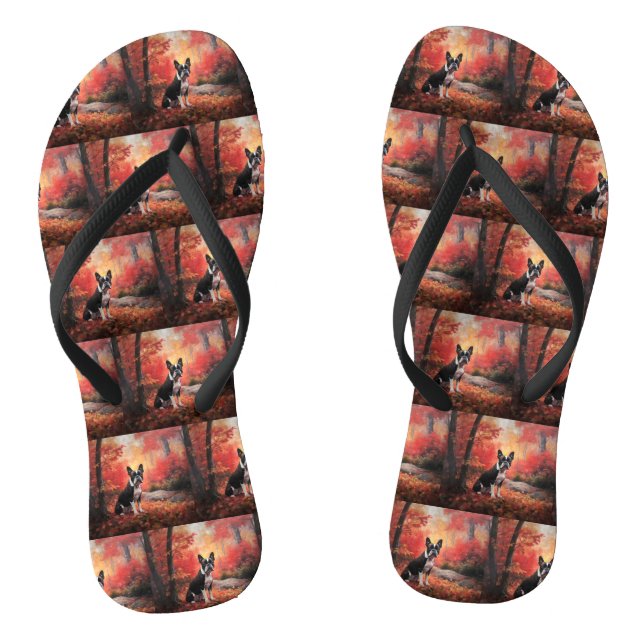 Boston Terrier in Autumn Leaves Fall Inspire  Flip Flops (Footbed)