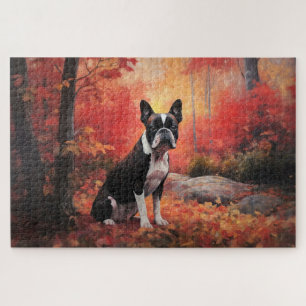 Boston Terrier in Autumn Leaves Fall Inspire  Jigsaw Puzzle