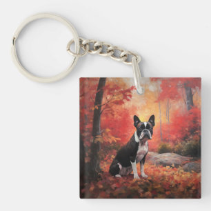 Boston Terrier in Autumn Leaves Fall Inspire  Key Ring