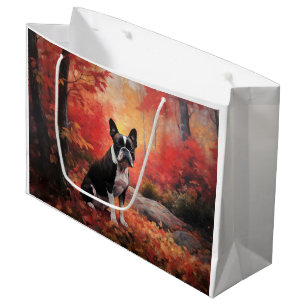Boston Terrier in Autumn Leaves Fall Inspire  Large Gift Bag