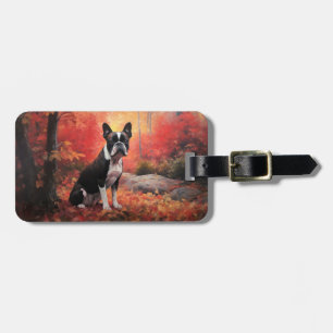 Boston Terrier in Autumn Leaves Fall Inspire  Luggage Tag