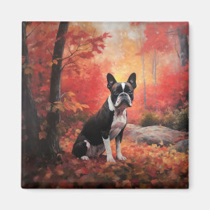 Boston Terrier in Autumn Leaves Fall Inspire Magnet