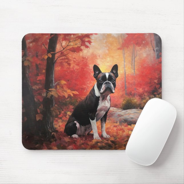 Boston Terrier in Autumn Leaves Fall Inspire  Mouse Mat (With Mouse)