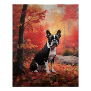 Boston Terrier in Autumn Leaves Fall Inspire Poster