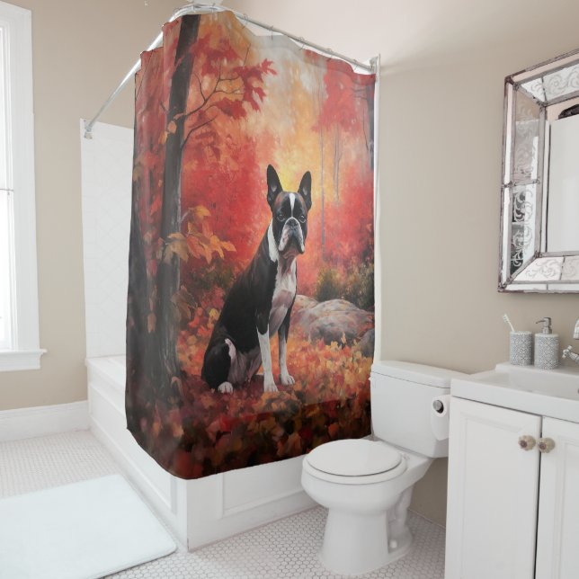 Boston Terrier in Autumn Leaves Fall Inspire  Shower Curtain (In Situ)