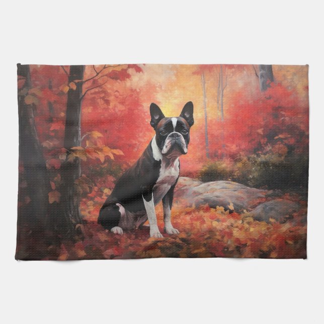 Boston Terrier in Autumn Leaves Fall Inspire  Tea Towel (Horizontal)