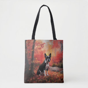 Boston Terrier in Autumn Leaves Fall Inspire  Tote Bag