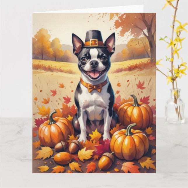 Boston Terrier In Autumn Leaves Thanksgiving Art Card (Yellow Flower)