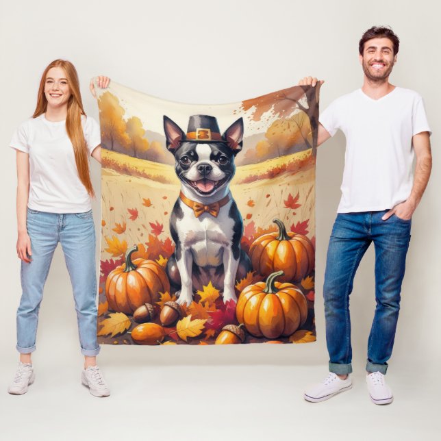 Boston Terrier In Autumn Leaves Thanksgiving Art Fleece Blanket (In Situ)