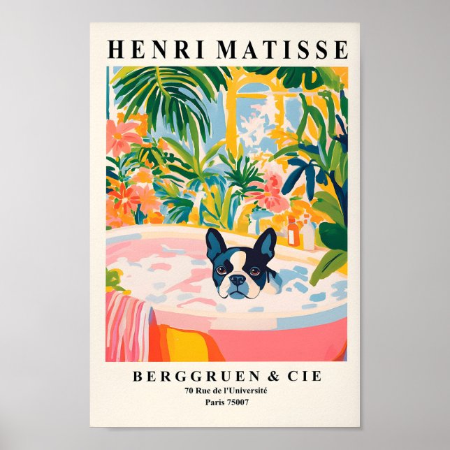 Boston Terrier In Bathtub, Funny Bathroom Poster,  Poster (Front)