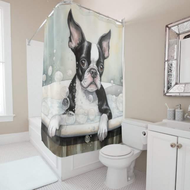 Boston Terrier In Bathtub Watercolor Dog Art Shower Curtain (In Situ)