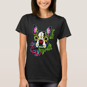 Boston Terrier In Black  Day Of The Dead Sugar Sku T-Shirt