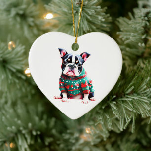 Boston Terrier in Christmas Sweater Ceramic Tree Decoration