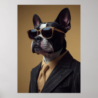 Boston Terrier in Pinstripe Suit and Sunglasses Poster