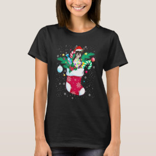 Boston Terrier In Sock Funny Christmas Pajama Sant T-Shirt