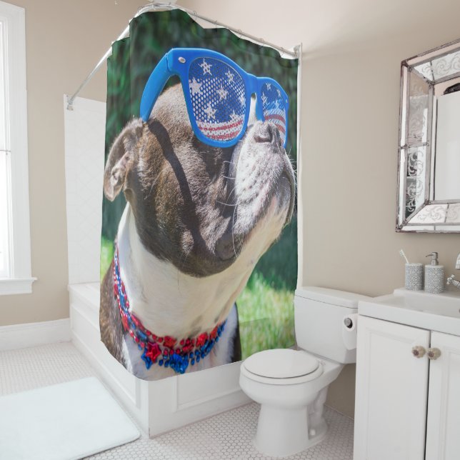 Boston Terrier in Sunnies Patriotic Shower Curtain (In Situ)