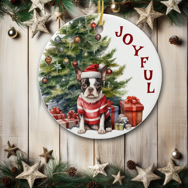 Boston Terrier in Sweater and Hat Christmas Ceramic Tree Decoration (Creator Uploaded)
