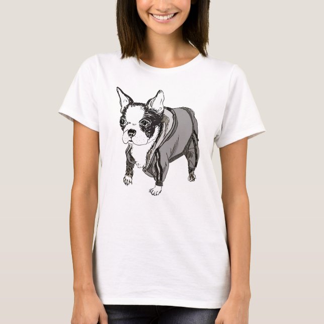 Boston Terrier in Sweatpants T-Shirt (Front)