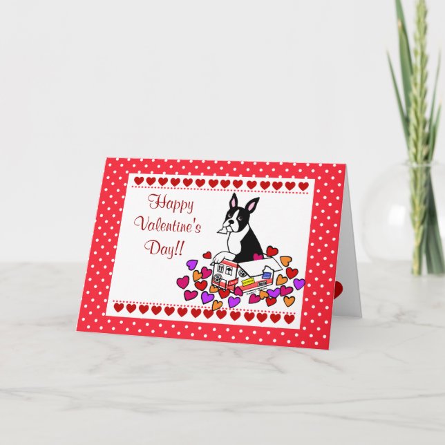 Boston Terrier in the Box Cartoon Valentine Holiday Card (Front)