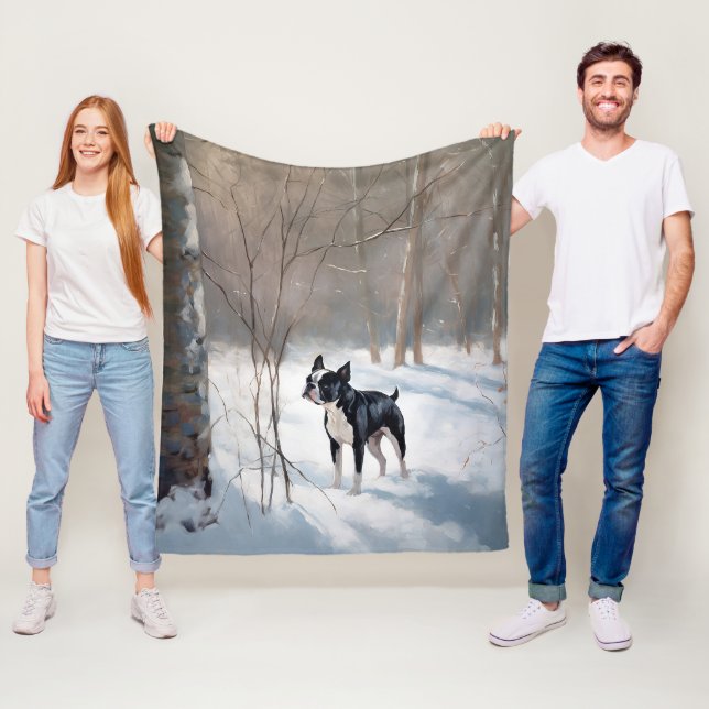 Boston Terrier Let It Snow Christmas Fleece Blanket (In Situ)