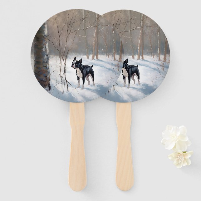 Boston Terrier Let It Snow Christmas Hand Fan (Front and Back)