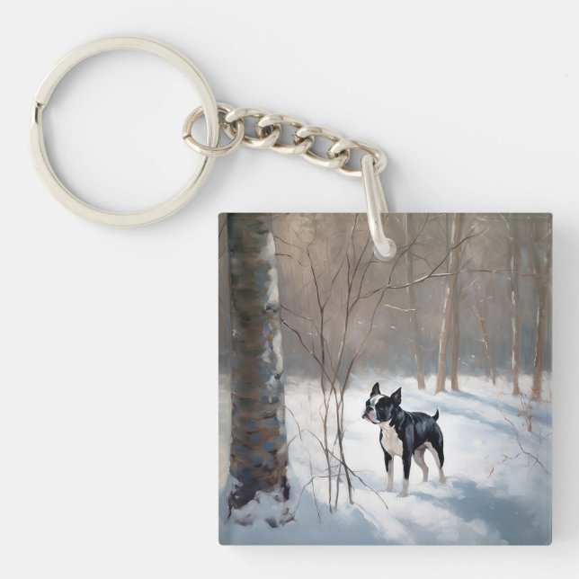 Boston Terrier Let It Snow Christmas Key Ring (Front)