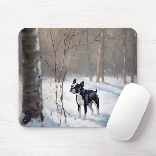 Boston Terrier Let It Snow Christmas Mouse Mat (With Mouse)